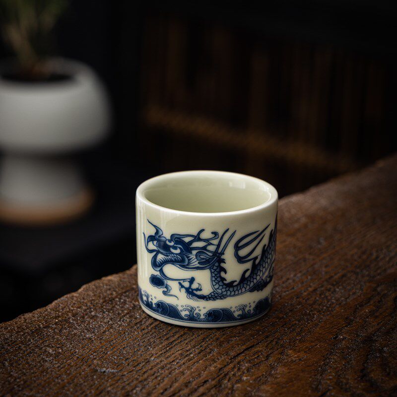 老陶泥瓷青花龙纹茶杯陶瓷单人泡茶品茗杯手工仿古扳指杯功夫茶具