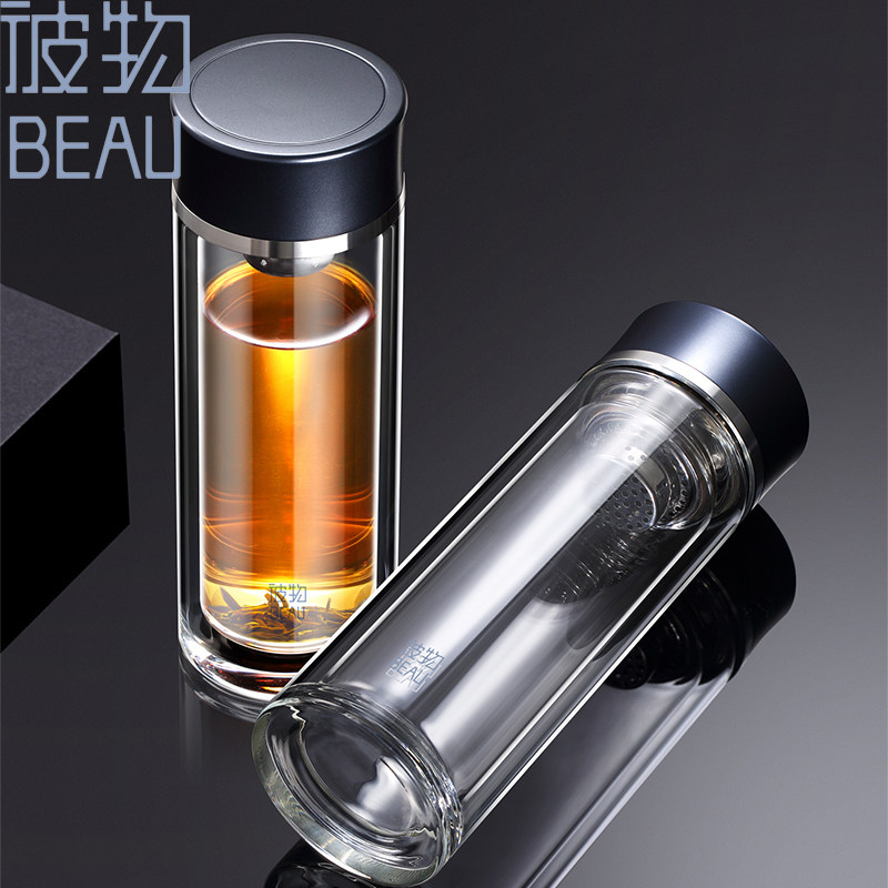 天福茗茶 彼物醇享玻璃杯耐热双层茶水分离便携茶杯带不锈钢滤网