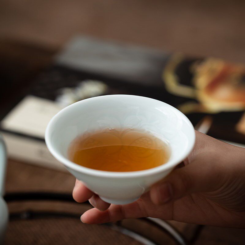 意叁手作仿宋湖田窑影青柿子纹石榴纹家用办公中式复古茶具斗笠杯
