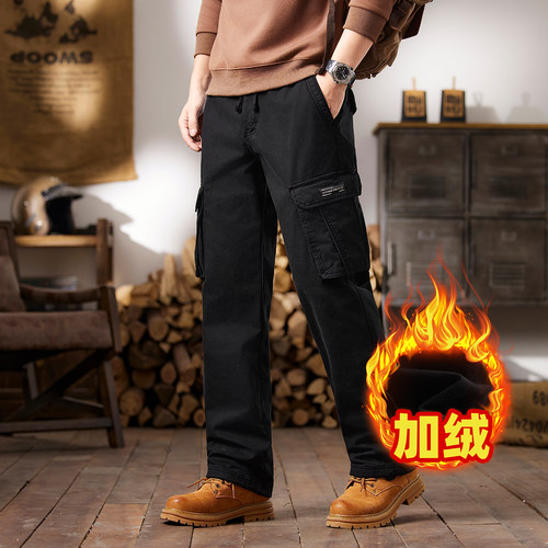 工装风多口袋加绒长裤男宽松直筒