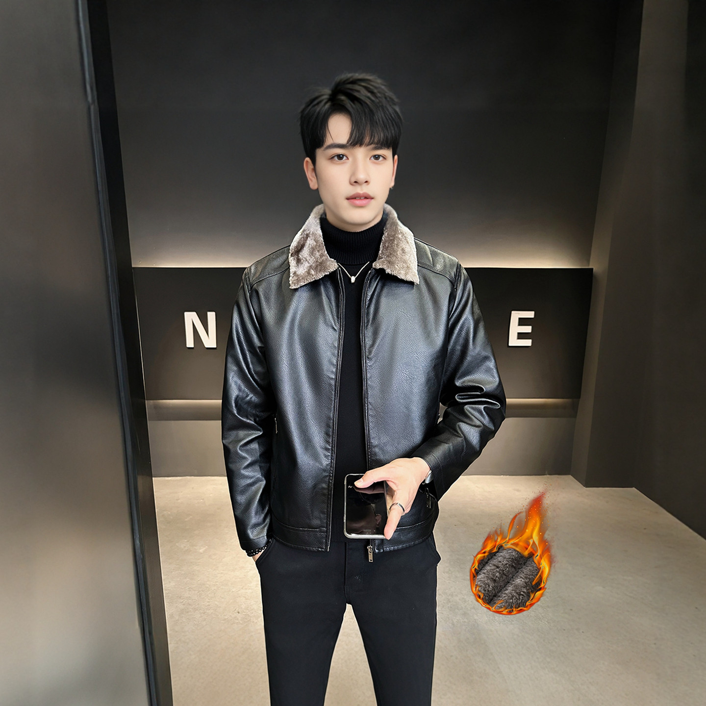 加绒加厚毛领皮衣男修身黑色夹克秋冬季保暖外套衣皮夹克男士PU皮