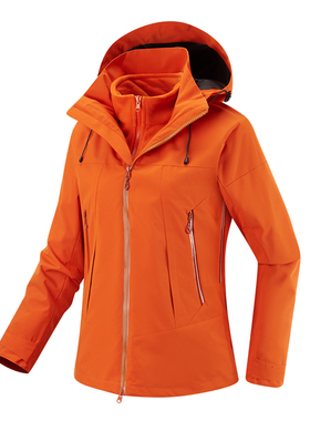 三合一冲锋衣石墨烯抓绒内胆橙色男户外运动连帽夹克防风保暖外套