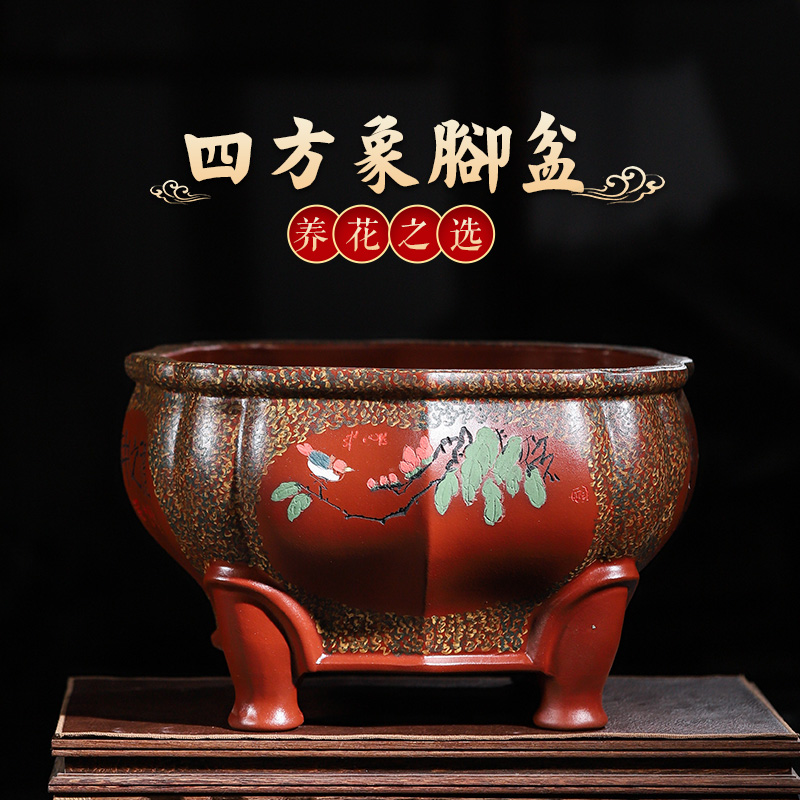 宜兴紫砂兰花盆手工四方盆有托盘盆景盆创意古典精品陶瓷悬崖盆栽