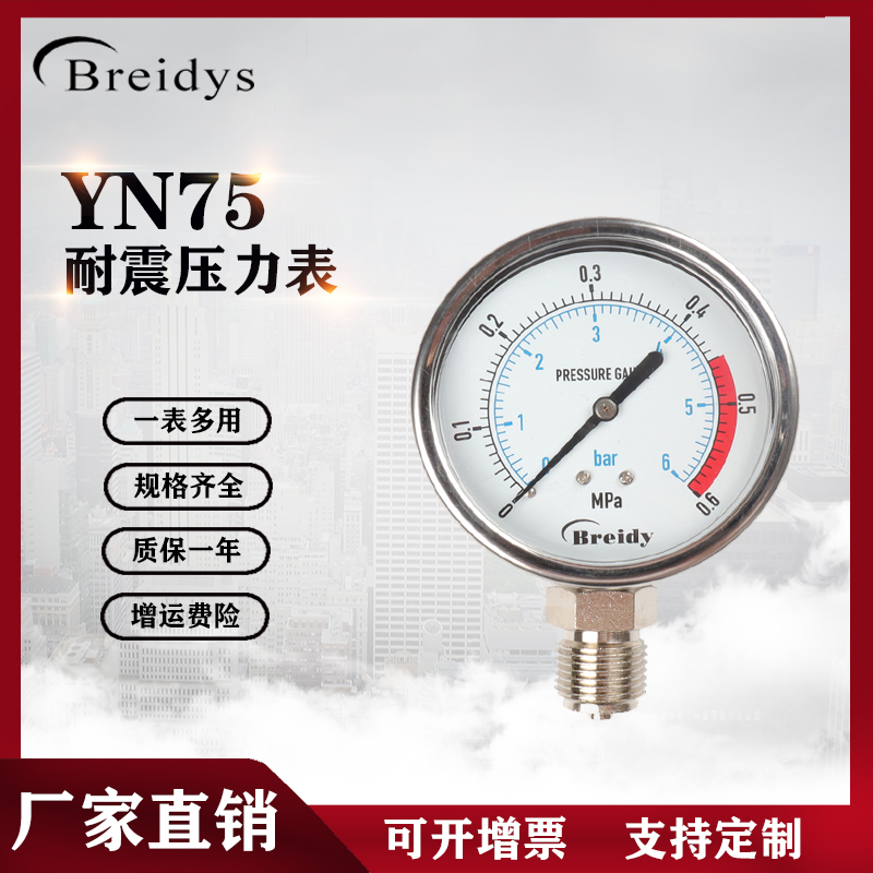 YN75压力表船用不锈钢耐震压力表0-1.6MPa气压水压表螺纹G3/8 1/2