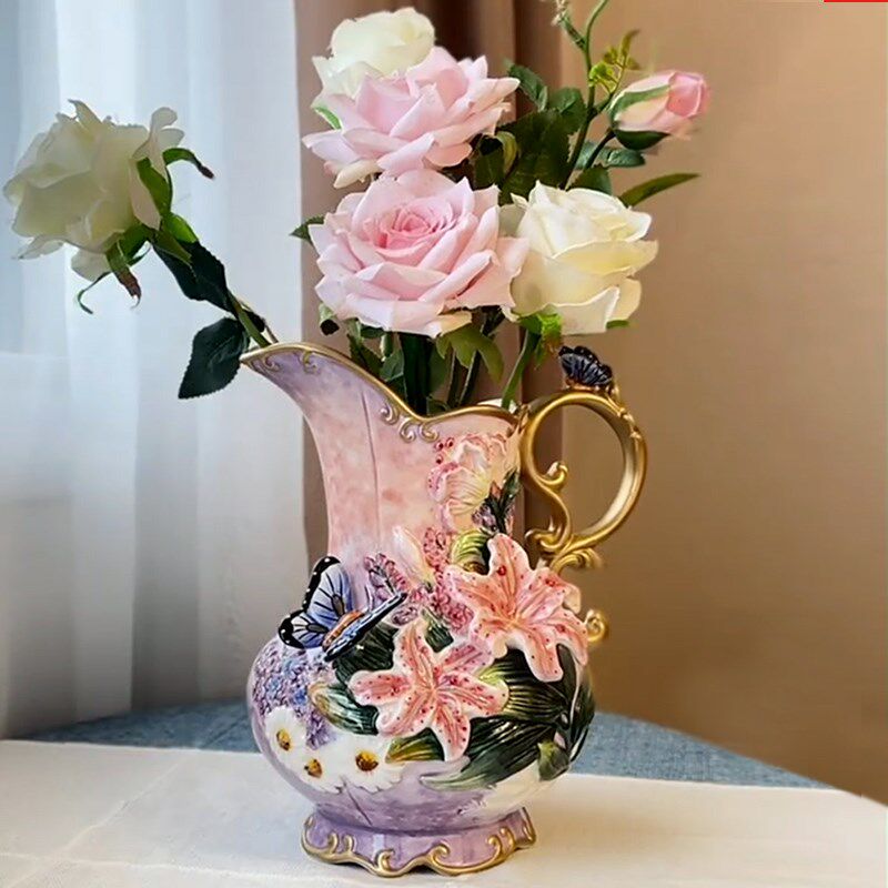 陶瓷大号百合蝴蝶水罐鲜花花瓶可装水客厅餐厅酒柜玄关装饰摆件
