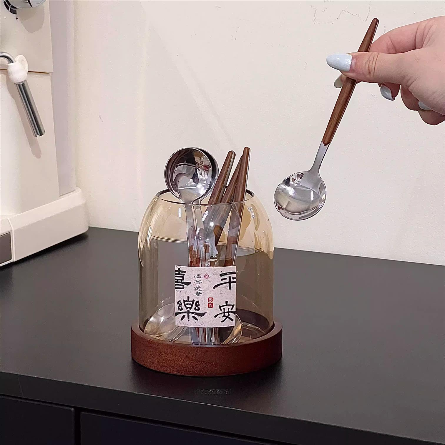 覆古中国风餐具笼平安喜乐水果叉勺子叉子套装高级琥珀玻璃果叉罐