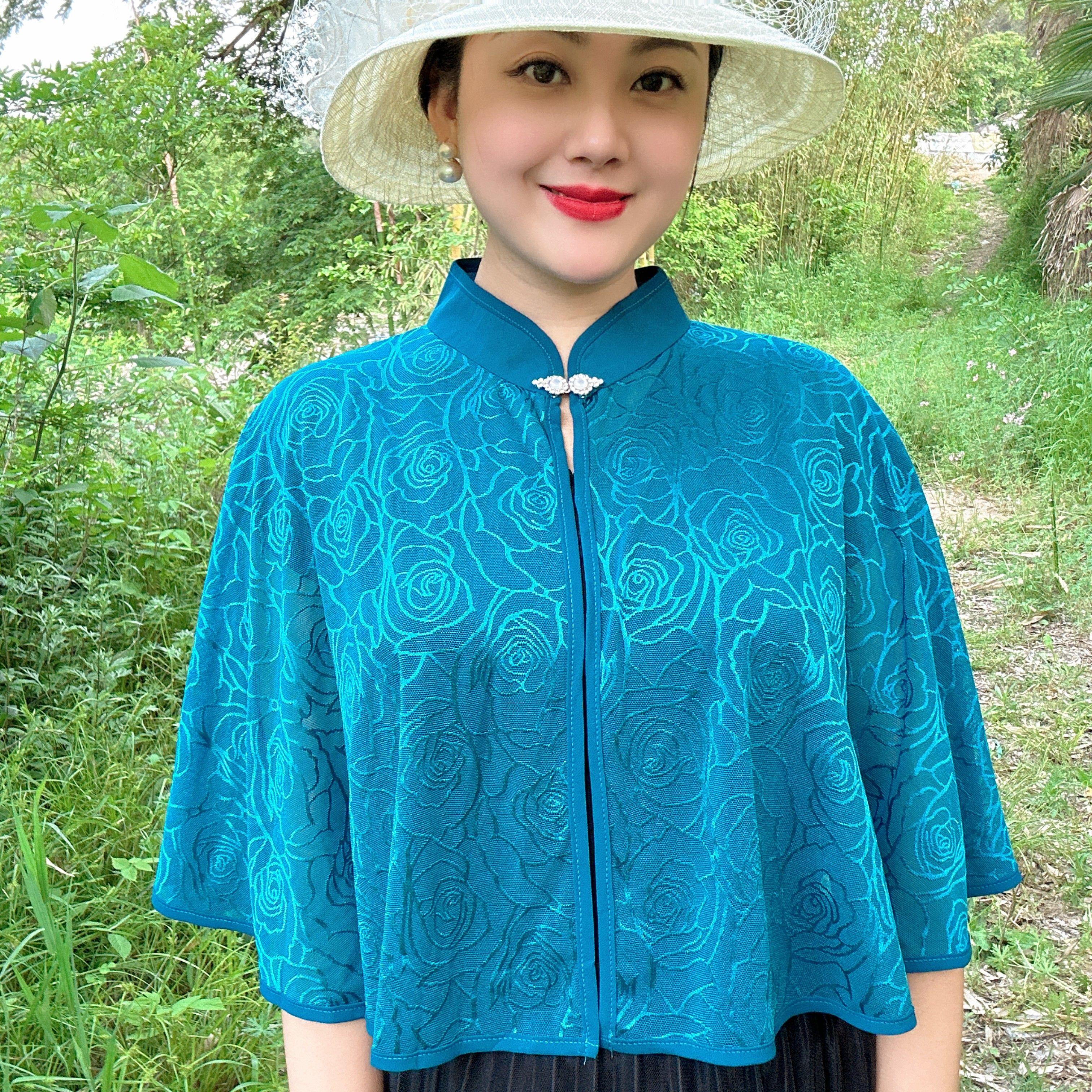 夏季薄款旗袍披肩女冰丝防晒斗篷上衣短款蕾丝披风配裙子外套开衫