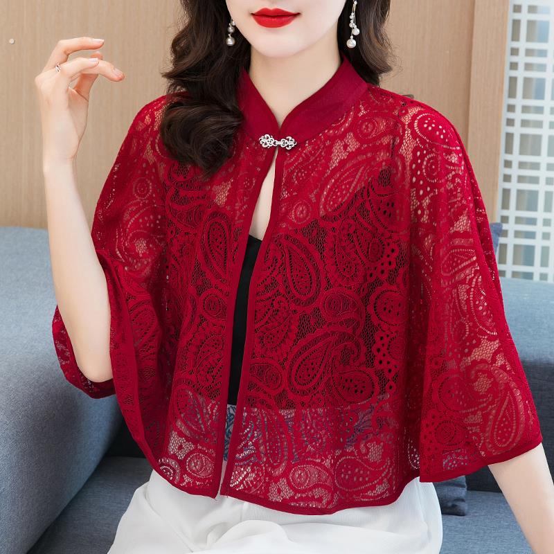 蕾丝防晒披肩夏天与裙子妈妈斗篷斗篷流行旗袍与开襟羊毛衫女夹克