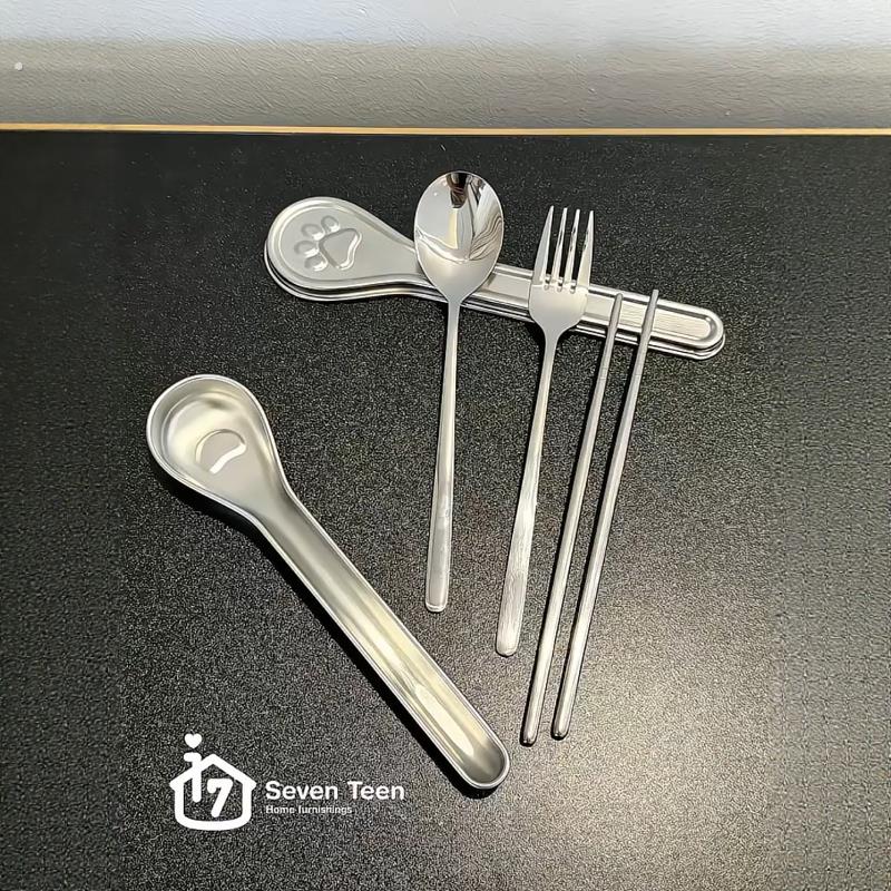 猫爪餐具304不锈钢加厚餐具便携式勺、叉、筷四件套办公人员和学