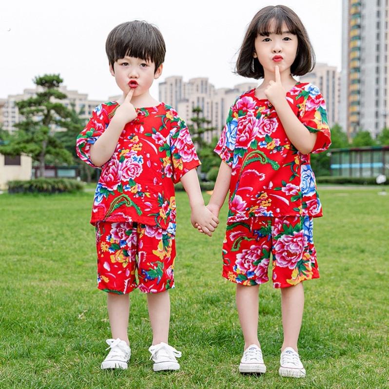 东北大花套装女童儿童衣服宝宝男短裤网红民族风花布棉绸睡衣村姑