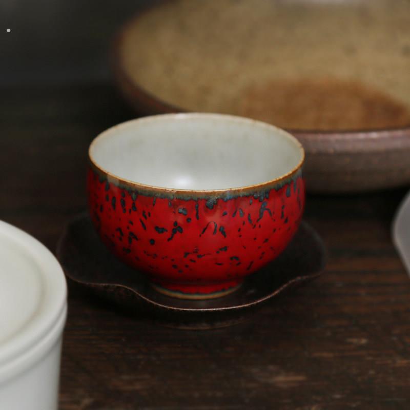 六合堂中式手工陶瓷茶具颜色釉茶杯主人杯战国红釉品茗杯单杯