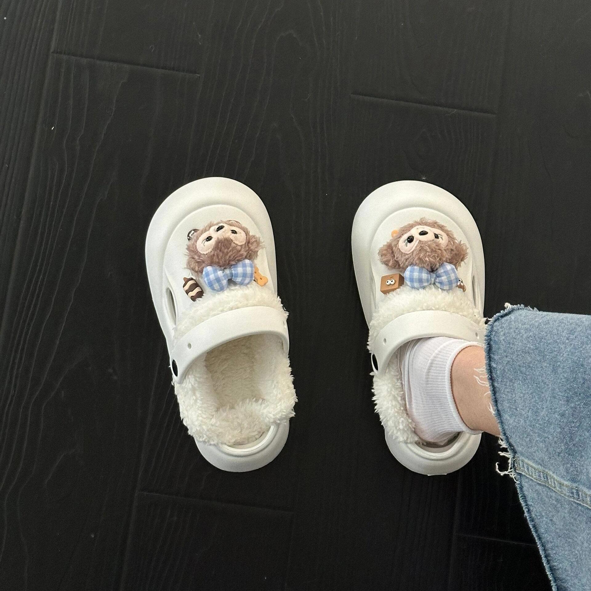 雪莉玫洞洞鞋冬季加绒内胆可拆卸保暖拖鞋外穿2024新款厚底防滑