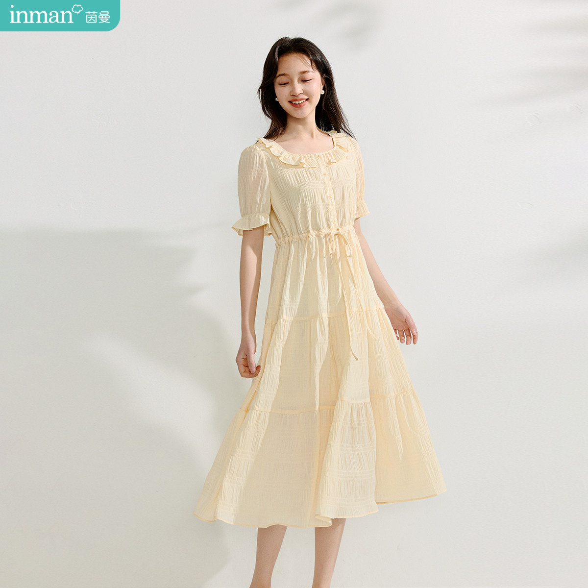 茵曼荷叶边方领肌理连衣裙2025夏季女装新款收腰a字大摆显瘦长裙