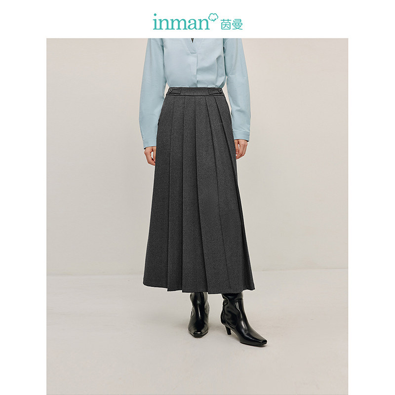 茵曼简约通勤百褶半身裙2024冬季女装新款A字大摆显瘦中长款裙子