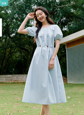 茵曼度假风腰绳收腰连衣裙2025夏季女装新款温柔灯笼袖气质长裙