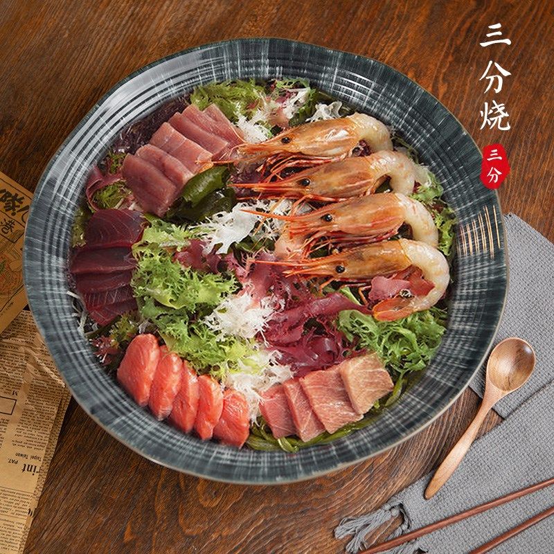 三分烧三文鱼鱼雕刺身陶瓷拼盘铺冰大号寿司盘鱼生餐厅摆盘冰盘