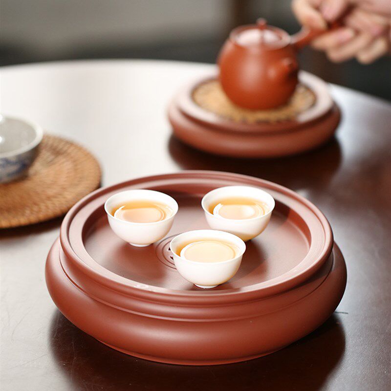 潮州手拉朱泥茶船明德园大号8寸圆形家用干泡台蓄水茶台 功夫茶盘