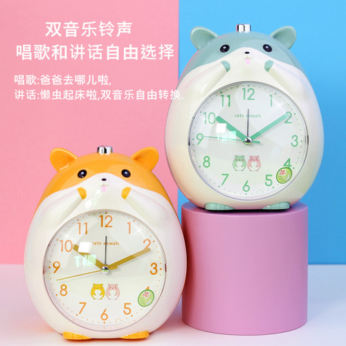 闹钟创意卡通可爱儿童学生静音夜灯床头用多功能贪睡语音唱歌座钟