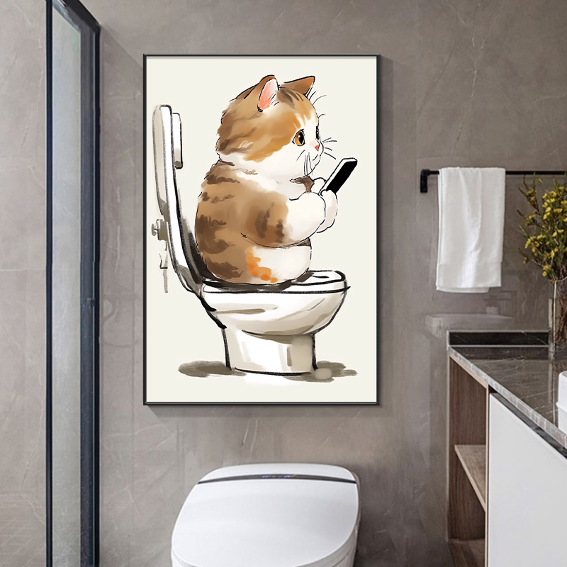 现代简约卫生间装饰画洗手间浴室厕所挂画治愈系日式猫咪宠物壁画图片