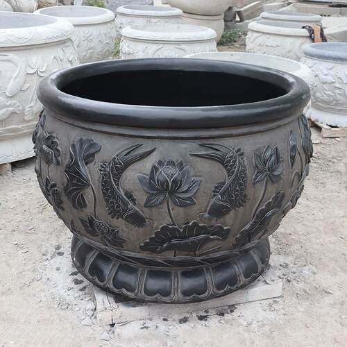 A0020石雕缸鱼青石仿古荷花鱼石缸户石头养鱼花别圆外缸墅庭院门