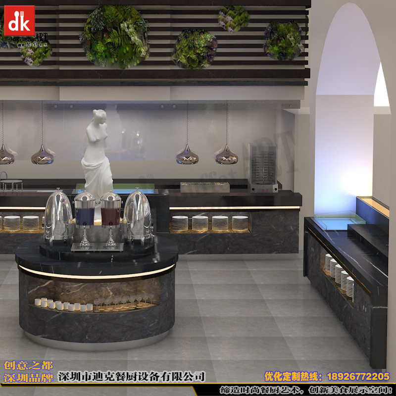 酒店自助餐台设计效果图 员工餐厅移动布菲台 网红吧台岩板天然石