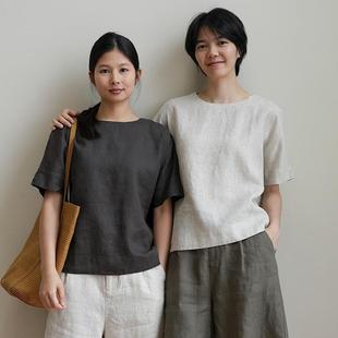 夏款 宽松圆领T恤衫 慵懒纯色上衣 女装 水洗全亚麻 14支 女士短袖