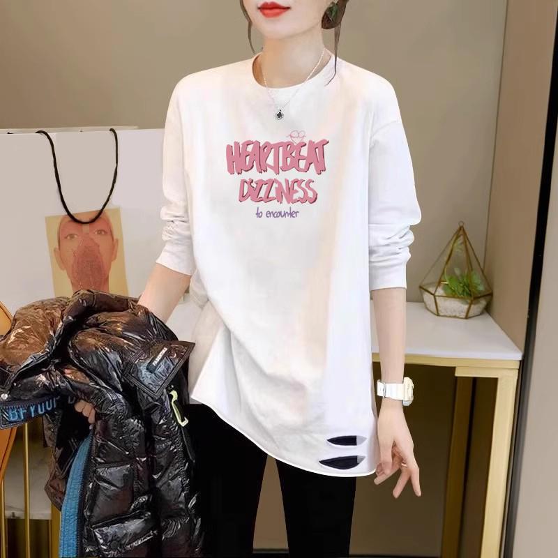 纯棉长袖大白t恤宽松卫衣春秋冬季中长款打底衫女内搭遮屁股上衣