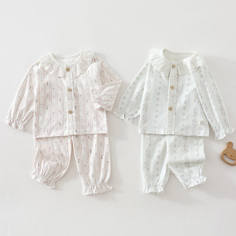 春秋纯棉婴儿套装女宝宝碎花裤子两件套新生儿衣服长袖秋冬家居服