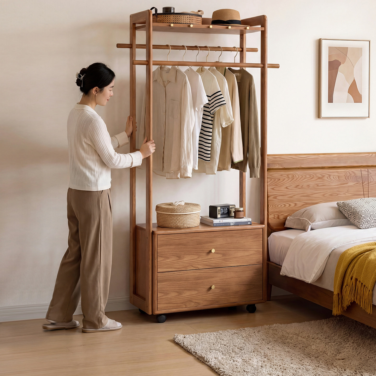 一林半舍实木落地衣帽架卧室家用多层挂衣架带抽屉收纳储物架