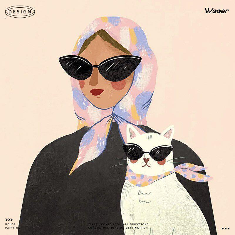 《女人与猫》小众艺术复古客厅组合装饰画法式中古风玄关柜壁挂画