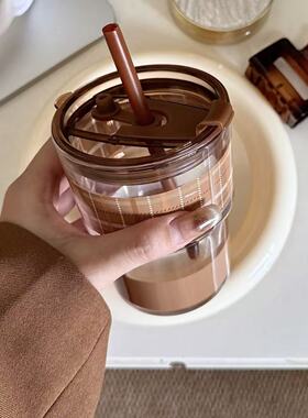 3CE三熹玉美拉德格纹玻璃吸管杯随手杯便携韩系ins简约日常400ml