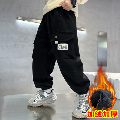 男童加绒裤子2023新款秋冬装中大童儿童一体绒工装裤男孩冬款长裤