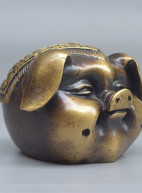 仿古纯铜福字猪头招财吉祥生肖猪摆件车载桌面个性创意装饰艺术品