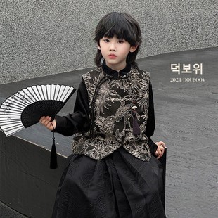 儿童改良汉服古风马甲走秀演出服 新中式 中国风唐装 男童马面裙套装