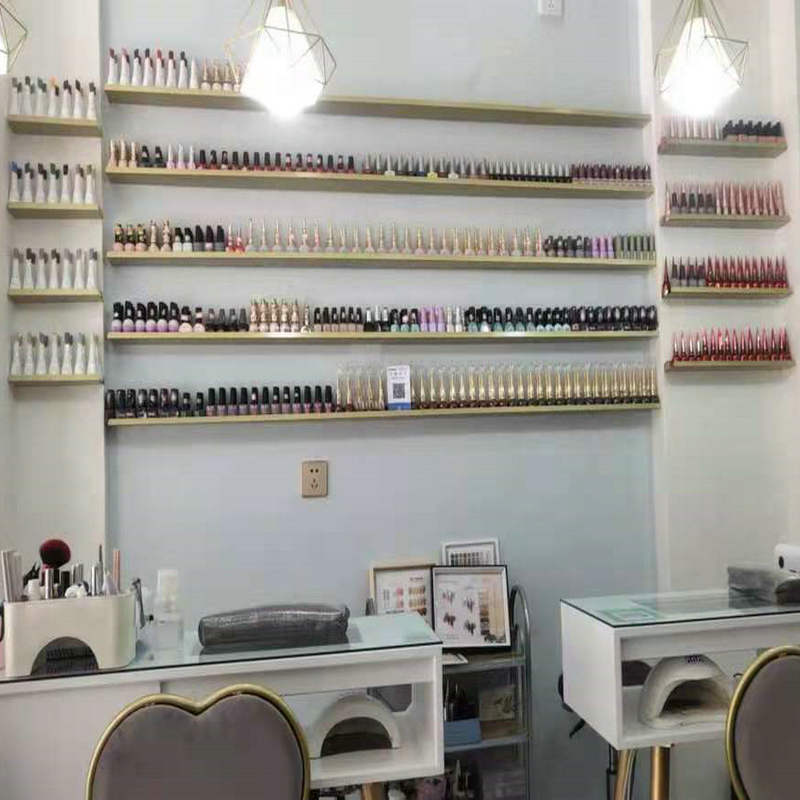 美甲店墙面装饰一字隔板铁艺金色墙上置物架化妆品指甲油胶展示架