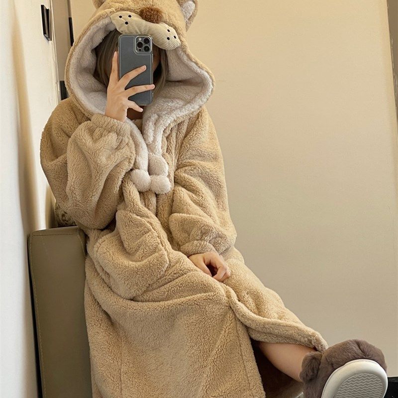 卡通可爱连帽珊瑚绒睡衣女冬季2024新款加绒加厚保暖睡袍家居睡裙,女士内衣/男士内衣/家居服,睡袍/浴袍,淘宝优惠券,粉丝福利购,淘宝优惠卷