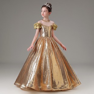 儿童礼服女童晚礼服公主裙长款亮片闪亮主持人舞台走秀钢琴演出服