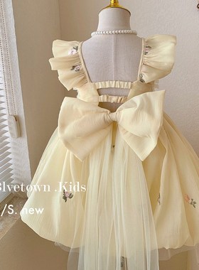 女童连衣裙夏季2024新款儿童大蝴蝶结网纱公主裙宝宝仙女吊带裙子