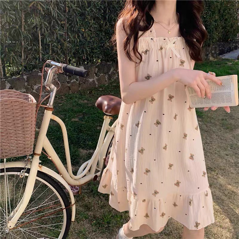 夏季吊带睡裙女夏纯棉薄款卡通可爱学生无袖睡衣连衣裙家居服夏天