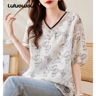 新款 V領(lǐng)蝴蝶印花輕奢短袖 owow全棉雪紡衫 大碼 上衣 女2025夏季 lulu