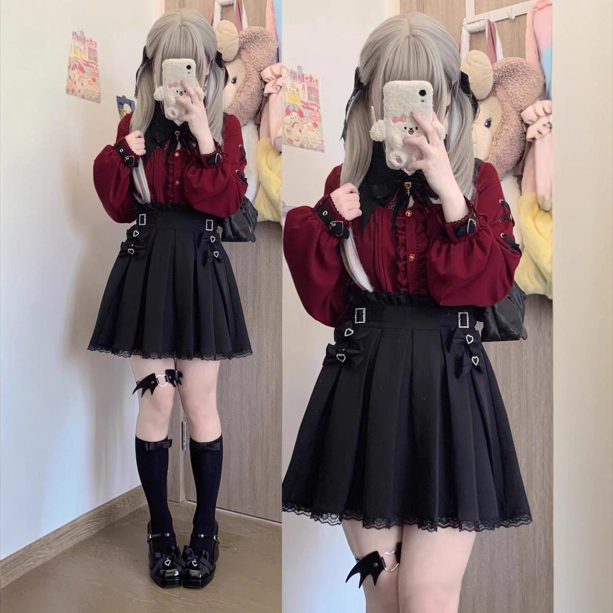 goods in stock Drop original Mass production type bud clothes gules Autumn and winter ma'am Organ fold Long sleeve shirt Strap skirt suit