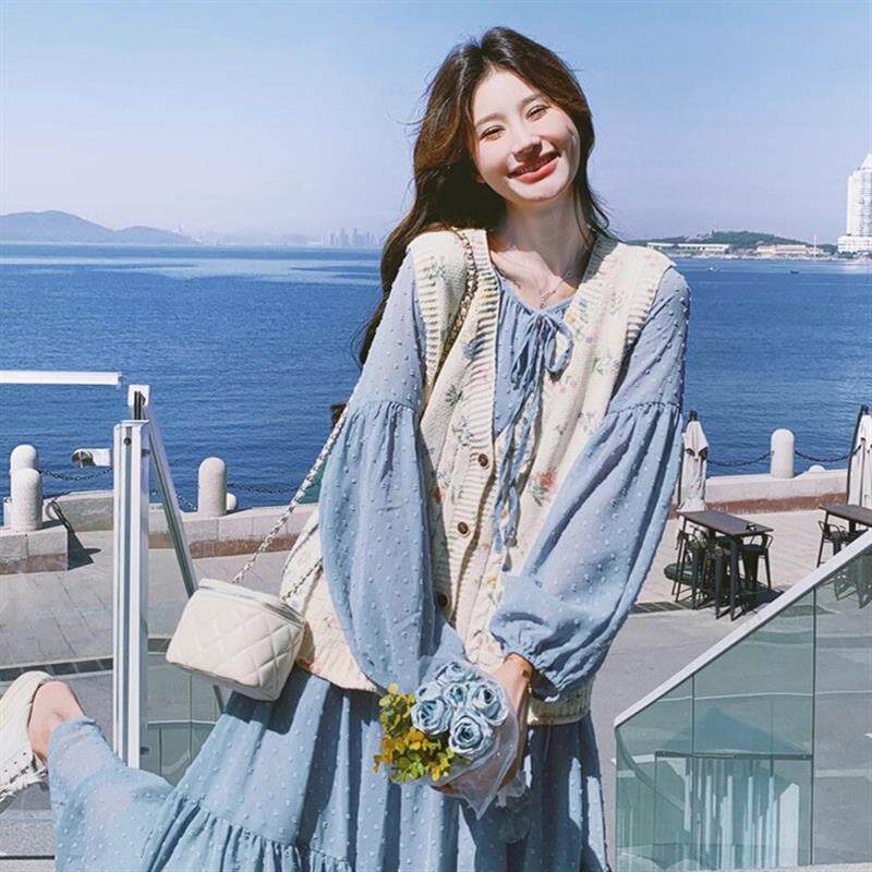 蓝色法式小清新点点连衣裙套装女2024春秋新款花卉针织马甲两件套