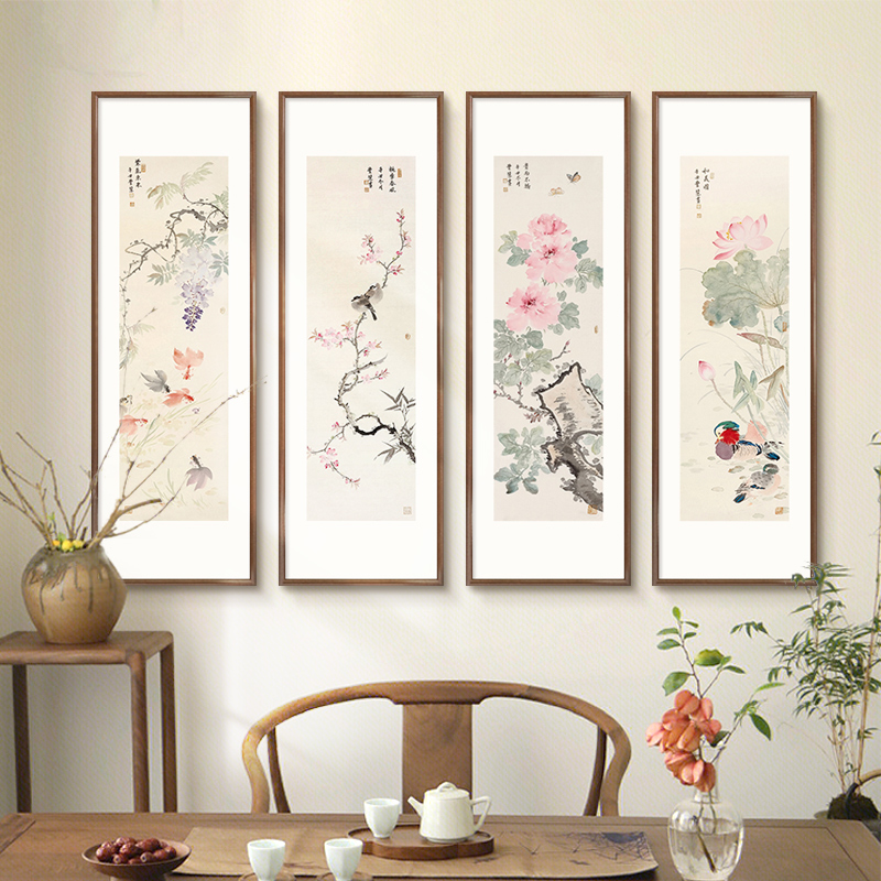 花鸟国画新中式茶室过道背