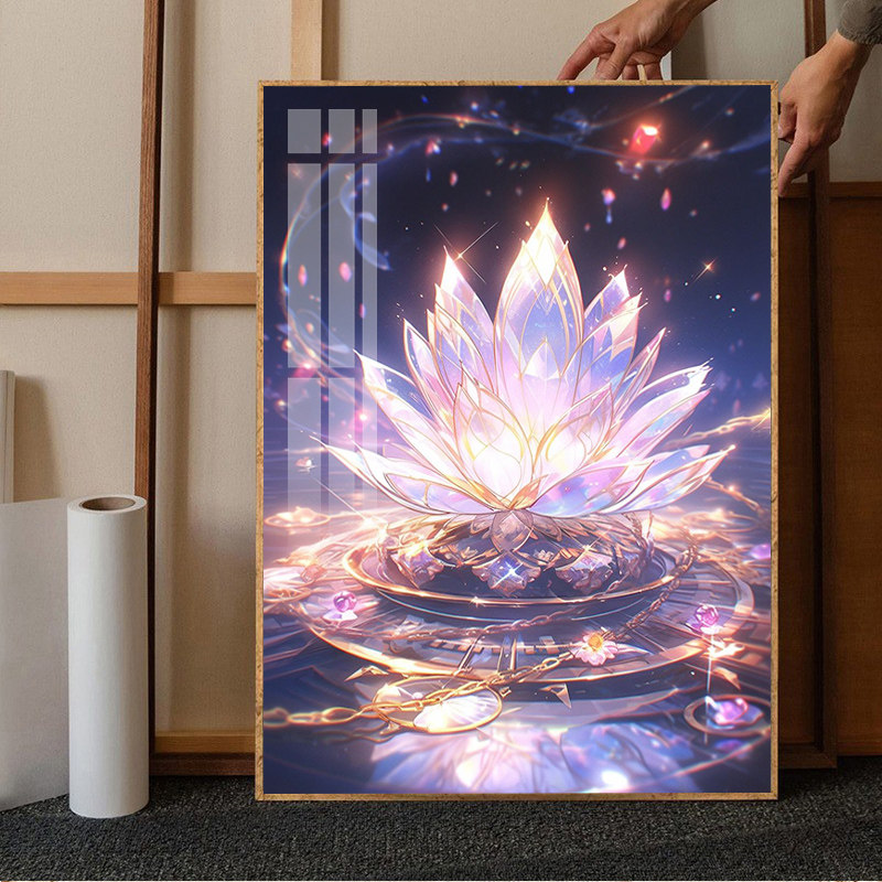运莲花钻石画晶粉色花卉十字绣钻石点贴画框
