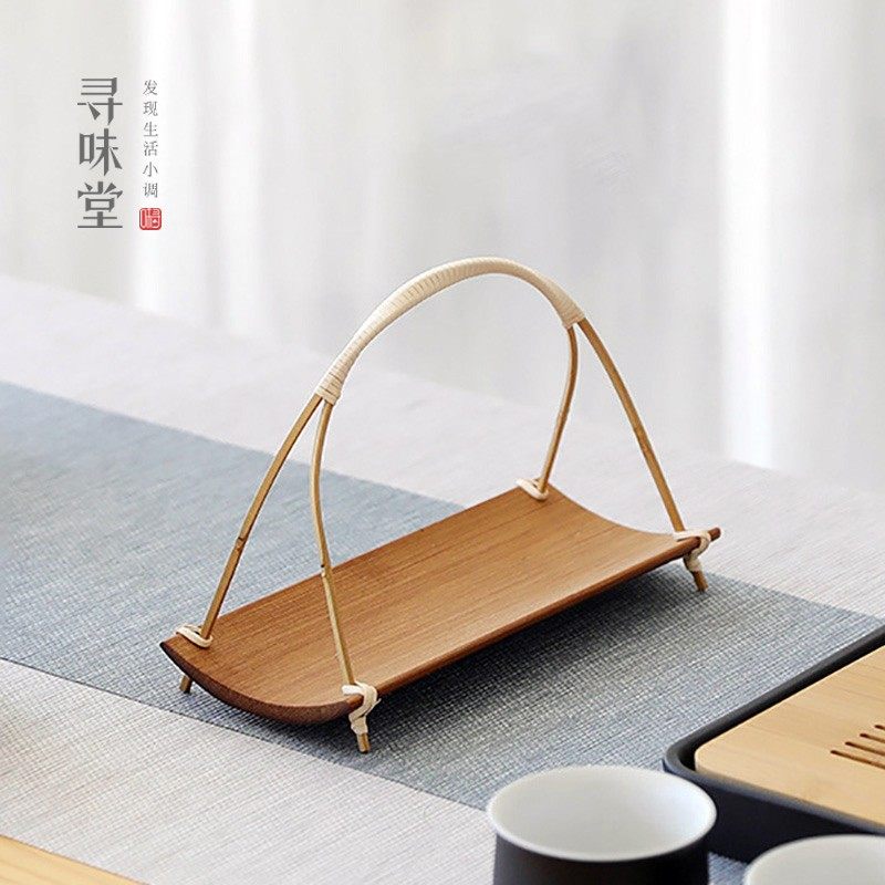 提式竹茶巾托毛巾垫点心架茶点盘茶道提篮竹茶托