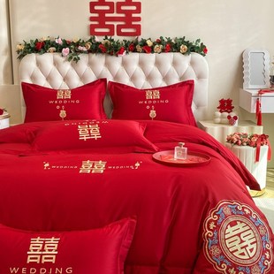 高档中式刺绣喜被套四件套喜庆大红色结婚床单水洗棉婚房床上用品