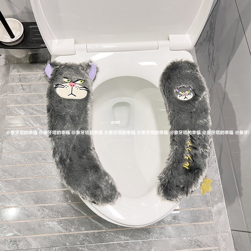 可爱猫咪冬季毛绒马桶垫粘扣绑式坐便器片式加厚垫圈