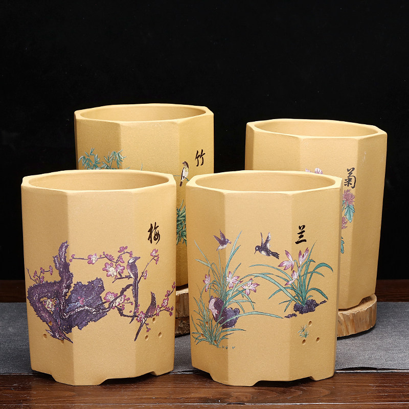 紫砂兰花盆精品号六方绿植古盆景盆竹发财树金弹