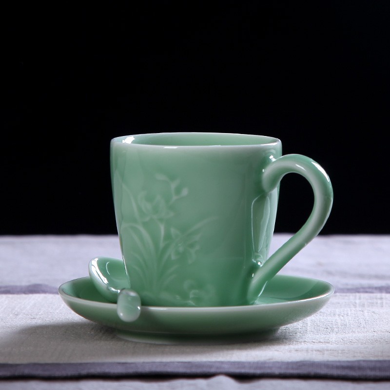 御茗青瓷咖啡杯装杯勺杯碟情侣搅拌对杯