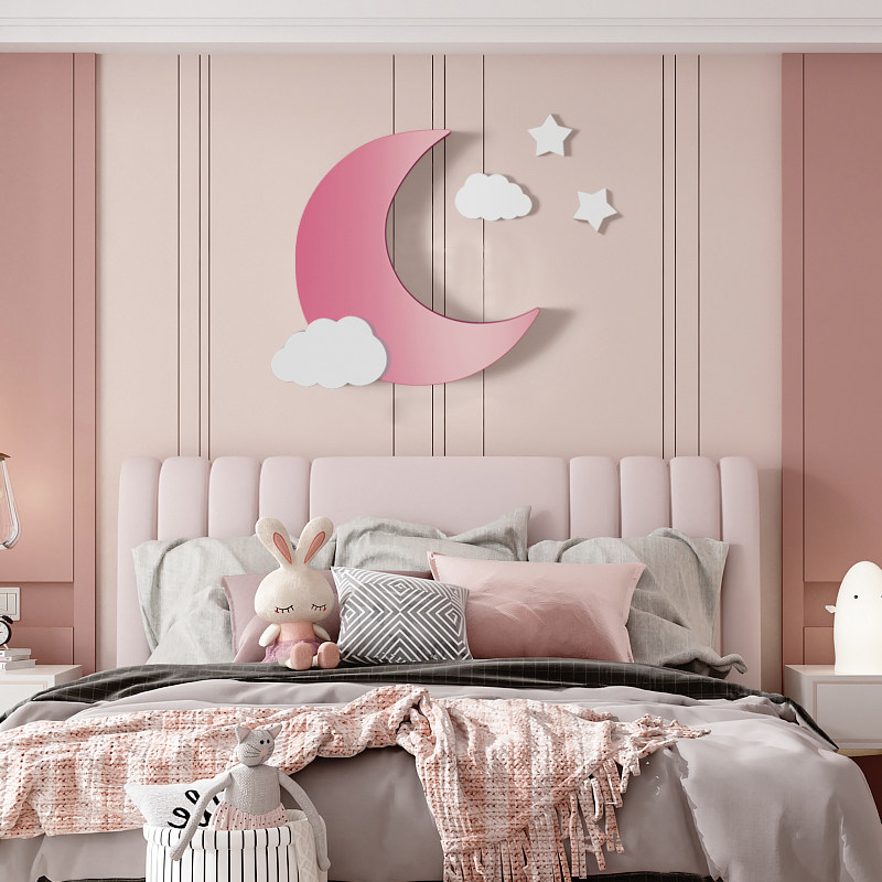 儿童房床头月亮挂件女孩卧室背景墙粉色壁挂少女心金属创意装饰品,家居饰品,壁饰,淘宝优惠券,粉丝福利购,淘宝优惠卷